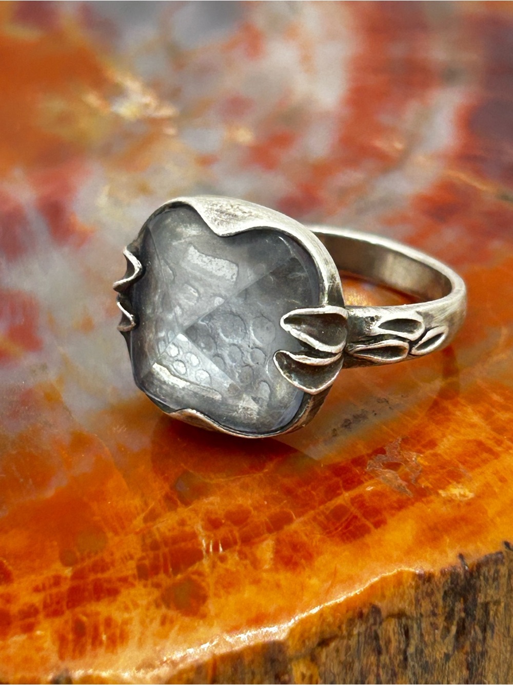 Sterling Silver Ring with Etched Glass Stone - Size 8